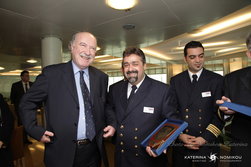 Awarding of honorary plaque to the captain of Blue Star Delos by the President of the Piraeus Port Authority, Sunday, January 1, 2012.